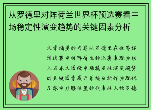 从罗德里对阵荷兰世界杯预选赛看中场稳定性演变趋势的关键因素分析