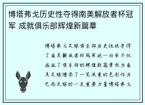 博塔弗戈历史性夺得南美解放者杯冠军 成就俱乐部辉煌新篇章 博塔弗戈历史性夺得南美解放者杯冠军 成就俱乐部辉煌新篇章